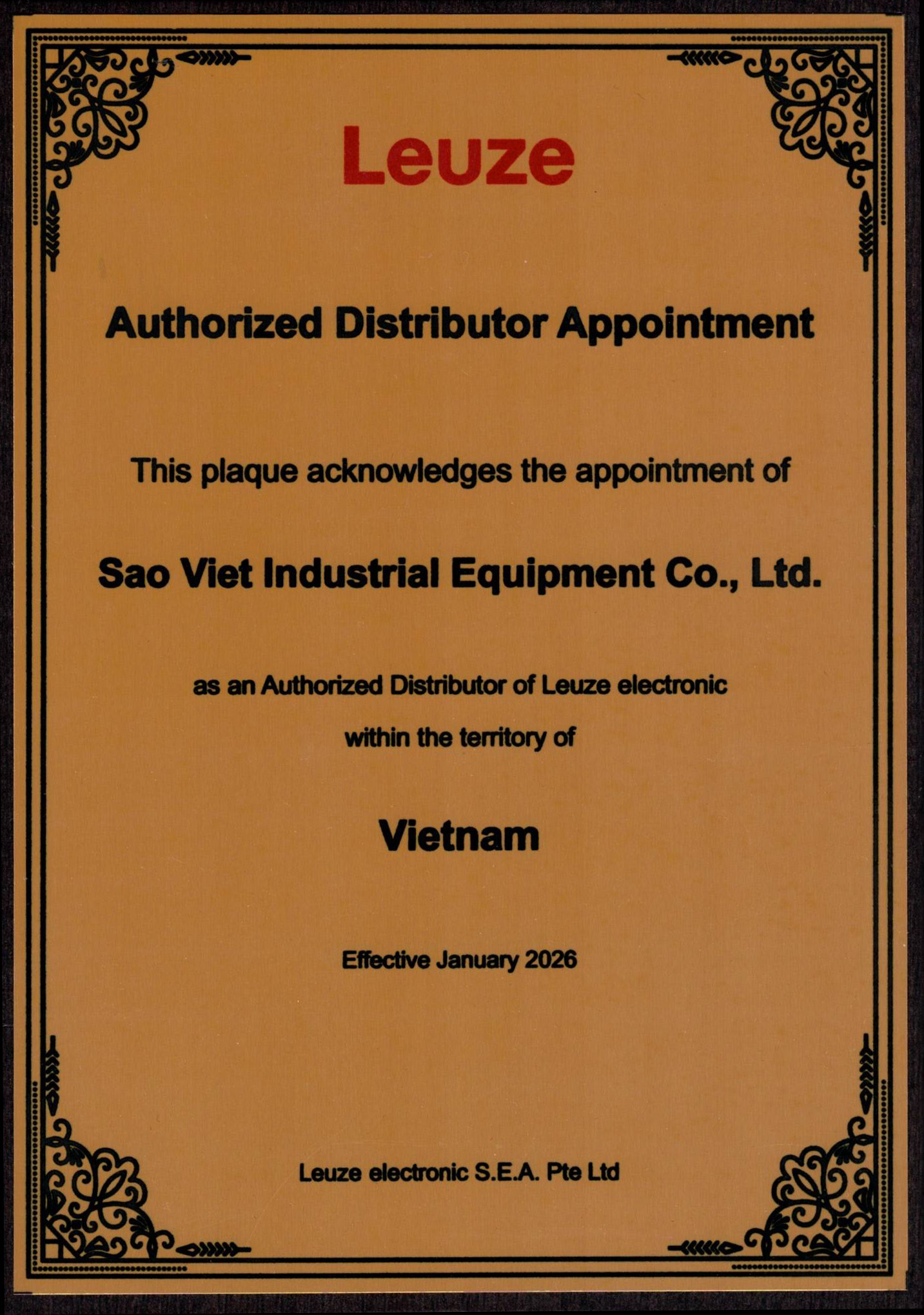 Chứng nhận Đại lý chính thức Leuze tại Việt Nam — Sao Việt Industrial Equipment Co., Ltd.