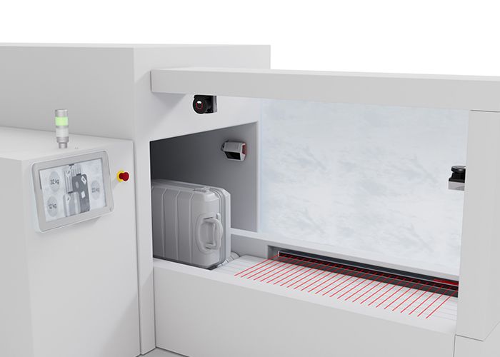Trạm tự phục vụ gửi hành lý tại sân bay với cảm biến đo kích thước