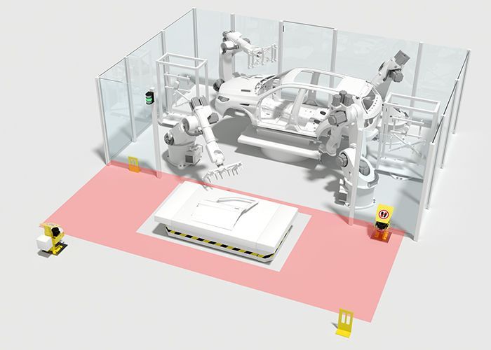 Bảo vệ trạm chuyển tiếp robot/AGV — RSL 400 dynamic blanking bọc AGV trong trường bảo vệ hồng/đỏ