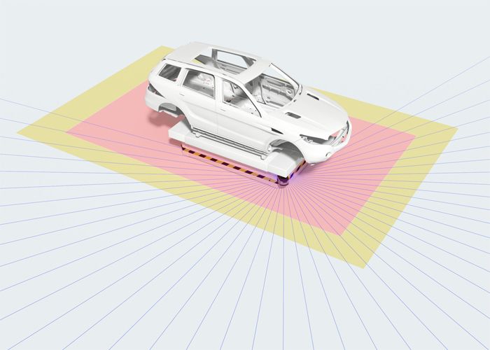 AGV điều hướng tự động trong nhà máy pin với scanner Leuze — vùng quét vàng/hồng cho điều hướng và bảo vệ