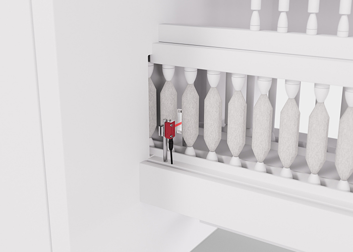 Cảm biến thu phát mini LS LE 3C phát hiện ống sợi trống tại bộ nạp liệu máy kéo sợi vòng