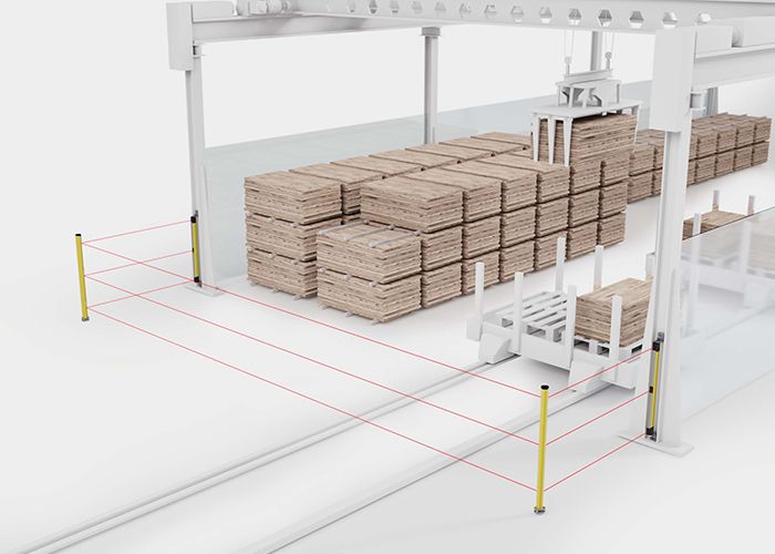 Màn chắn an toàn MLD bảo vệ vùng cầu trục tự động trong nhà máy chế biến gỗ