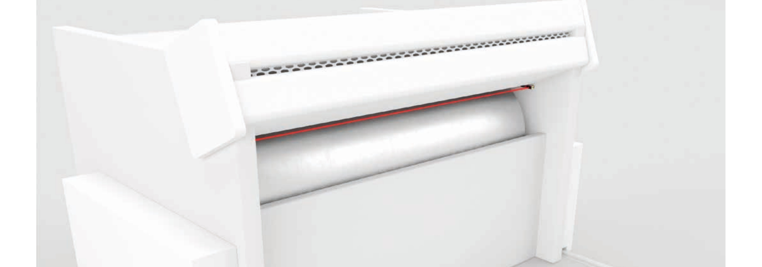 Trục lăn máy in với tia sáng đỏ của cảm biến quang Leuze series 3C bảo vệ điểm nạp liệu — dừng ngay khi ngón tay tiếp cận