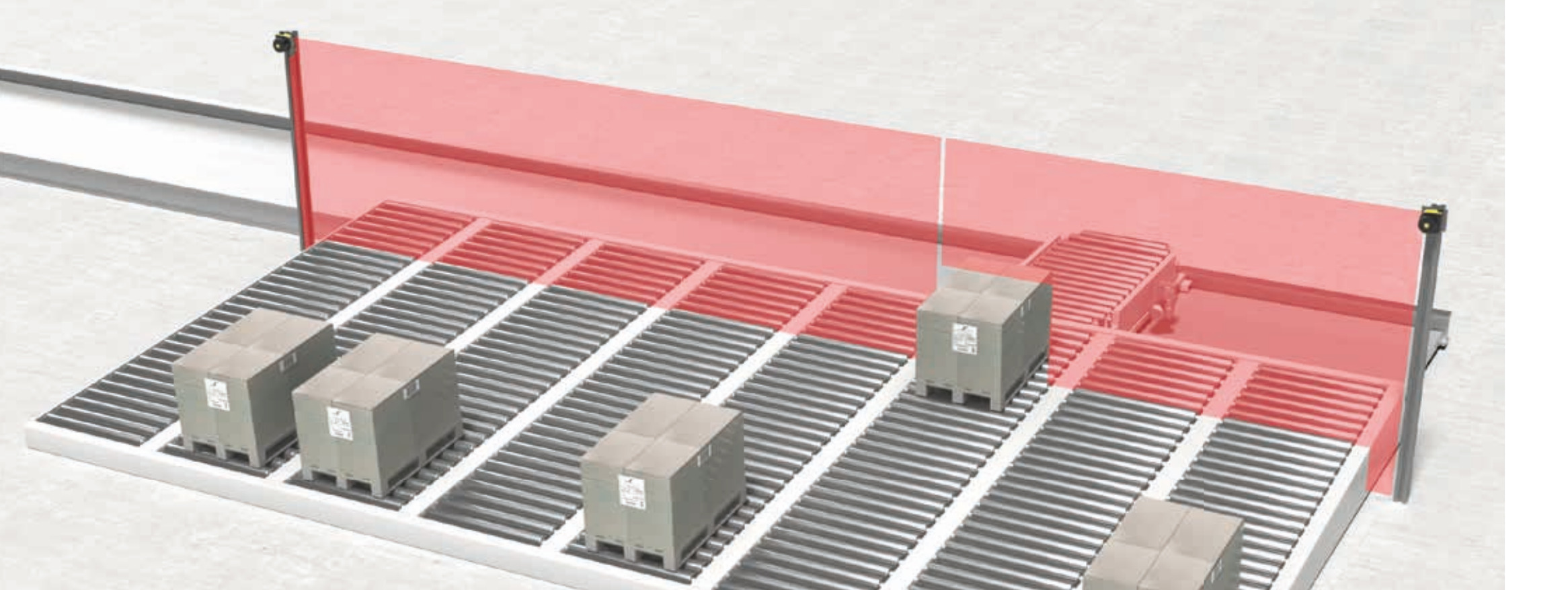 Hệ thống vận chuyển đa làn với vùng bảo vệ màu đỏ của RSL 400 trải ngang, pallet di chuyển qua cửa sổ bảo vệ riêng từng làn