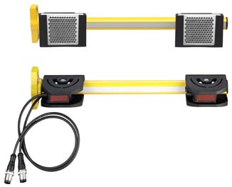 Bố trí cảm biến muting trên băng tải — hai cảm biến song song phát hiện pallet trước khi vào vùng safety light curtain