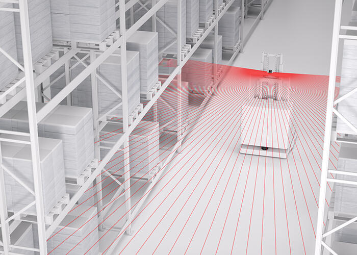 Laser scanner Leuze ROD 500 định hướng AGV trong kho logistics — quét môi trường 360° xây dựng bản đồ điều hướng tự động