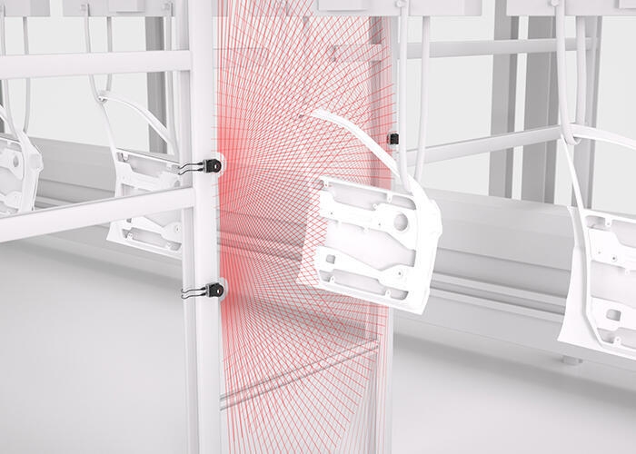 Laser scanner Leuze ROD 300 đo biên dạng cửa xe ô tô — kiểm tra kích thước và hình dạng trong sản xuất ô tô